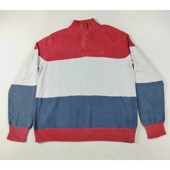 Tommy Hilfiger Other - Tommy Hilfiger Sweater Men L/XL Red White Blue Colorblock Quarter‎ Zip Oversized
